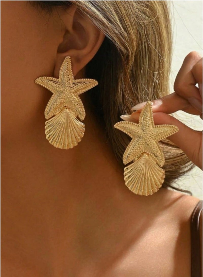 SHEIN2pcs  Asymmetrical Exaggerated Sensual Gold Starfish, Heart, Shell Dangle Earrings Accessories For Women - Image 1